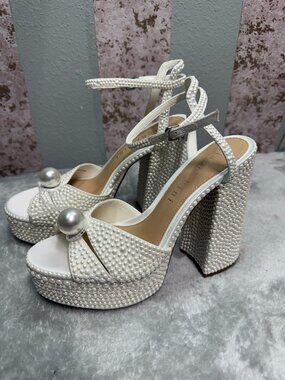 Gianni Bini White Pearl Embellished Platform Block Heel Ankle Strap Shoes